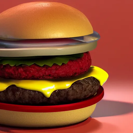 Prompt: a burger that contemplates its fate, a sentient hamburger, blender cycles, 4K, subsurface scattering, rtx on
