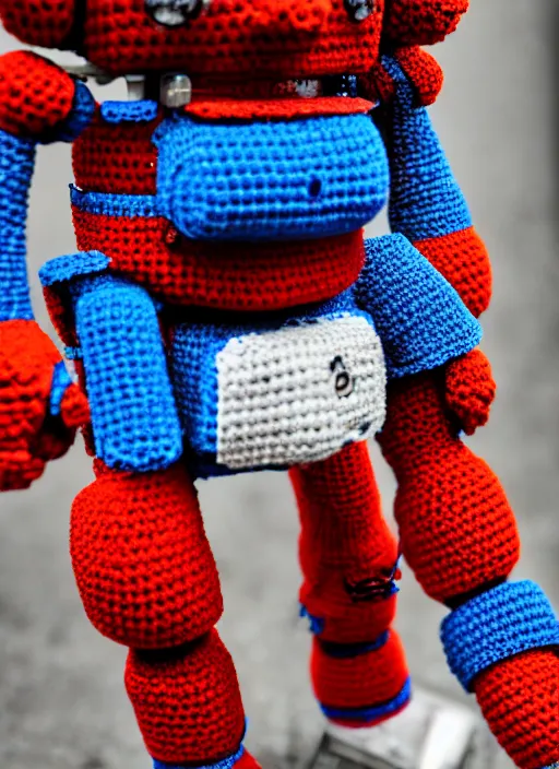 Image similar to a crochet mecha, realistic, no cropping, full body, Sigma 50 mm f/1.4