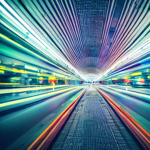 Prompt: a neon underground metro, low shutter speed