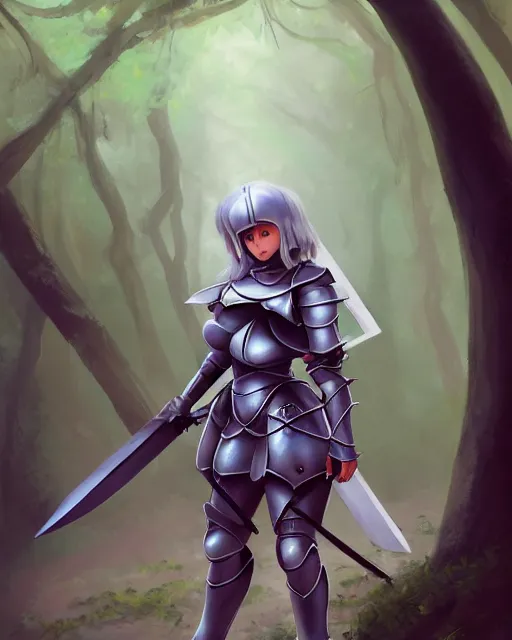 Image similar to concept art of a thicc knight girl, wearing heavy medival knight armor, holding a long sword, walking through a foggy oak forest | | epic - fine - clean, polished, trending on artstation, brush strokes