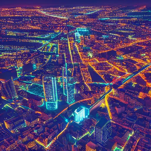 Prompt: City postsoviet area aerial view in neon light on a wide angle camera