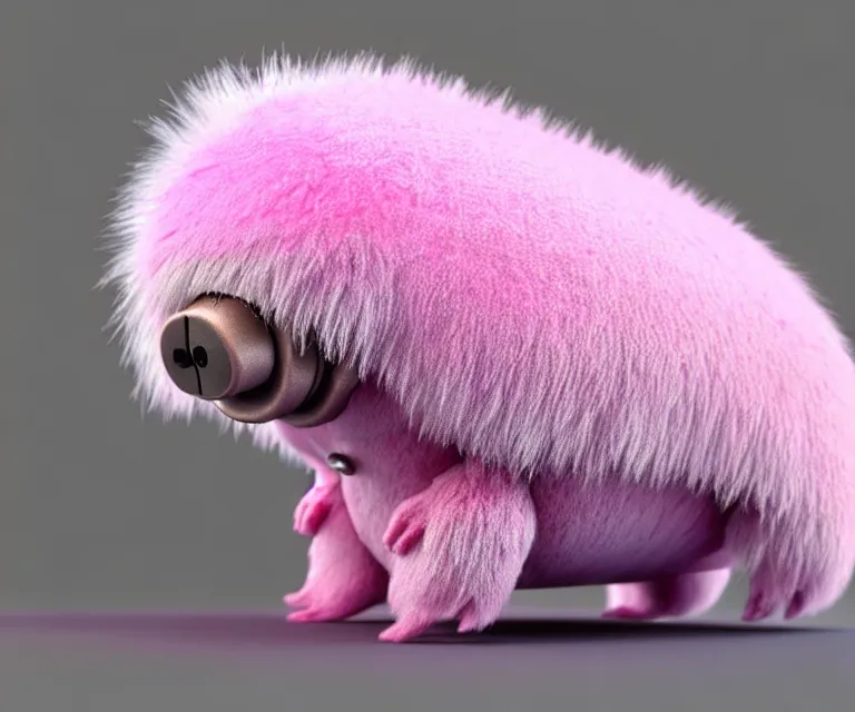 Prompt: high quality 3 d render hyperrealistic very cute small tardigrade, plush mascot, short spiky dense fluffy smooth hair, photo from the side, pink fluffy fur, 1 5 0 mm, beautiful natural soft light, rim light, vray, smooth background, artstation, ultra detailed