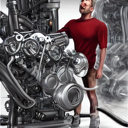 Prompt: man standing inside a v 8 engine, pistons are firing in the background, he is panicking, digital art, in the style of artgerm