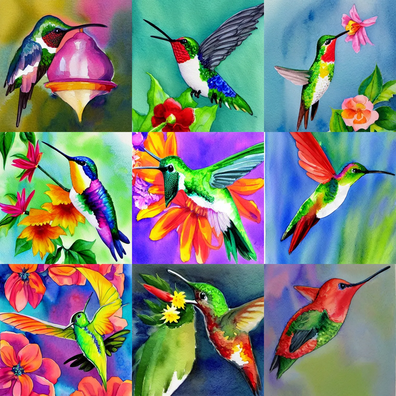Prompt: a watercolor painting of a cute happy cartoon colorful hummingbird sipping flower nectar, Alex Ross, live colors