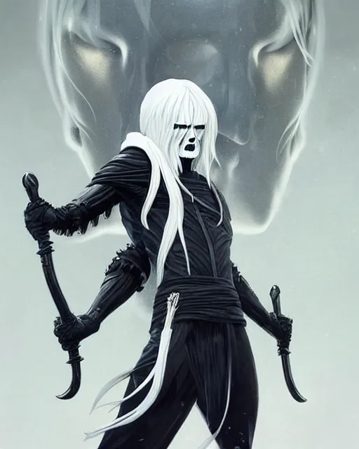 Prompt: standing Nordic demigod White-long-hair, large hooded black mantle, skull trinket on waist, muscular elegant. Shiny silver Scythe on his back. Perfect face, fine details. by Ilya Kuvshinov katsuhiro otomo ghost-in-the-shell, magali villeneuve, artgerm, rutkowski, WLOP Jeremy Lipkin and Giuseppe Dangelico Pino and Michael Garmash and Rob Rey