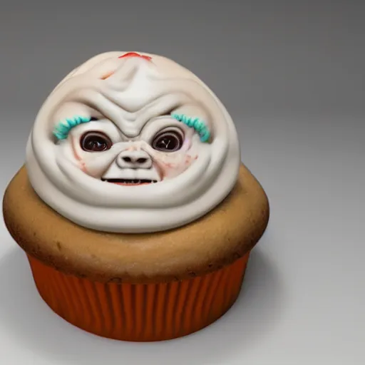 Image similar to ice cream cupcake shaped like screaming chucky doll, octane render, centered, ultrarealistic