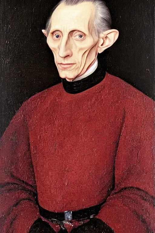 Image similar to portrait of grand moff tarkin as a sith lord, oil painting by jan van eyck, northern renaissance art, oil on canvas, wet - on - wet technique, realistic, expressive emotions, intricate textures, illusionistic detail