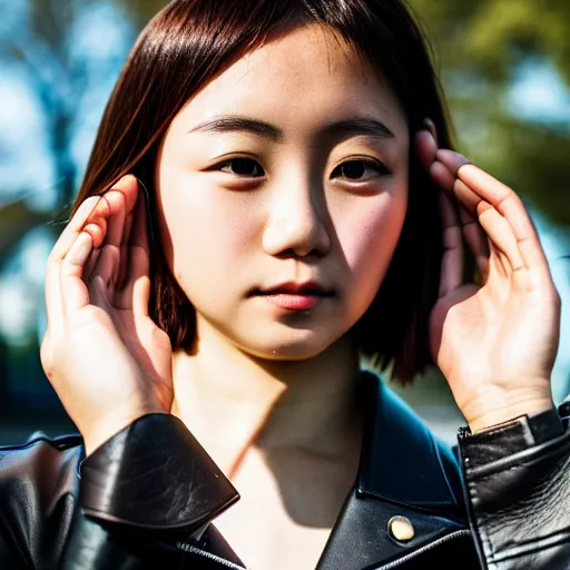 Image similar to a perfect HD photo of close-up japanese young woman wearing leather jacket, instagram, behance, kodak portra