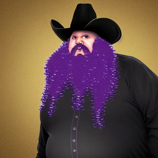 Image similar to hyperreal morbidly obese 2000kilo snake oil salesman wearing authentic purple green sip tech cowboy augmentation and curly snake moustache, fat man standing in front of blank background