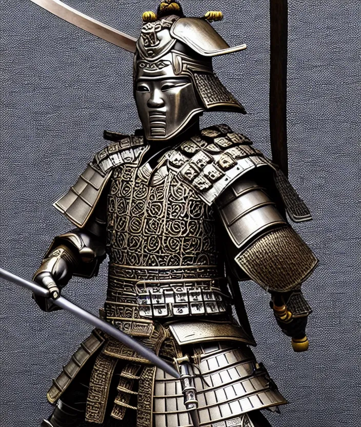 Prompt: detailed photorealistic ancient japanese samurai warrior soldier with traditional japanese engravings and ornamentation on armor and weapons, and shining metallic 3 d surfaces, japanese calligraphy, wide angle, 3 d