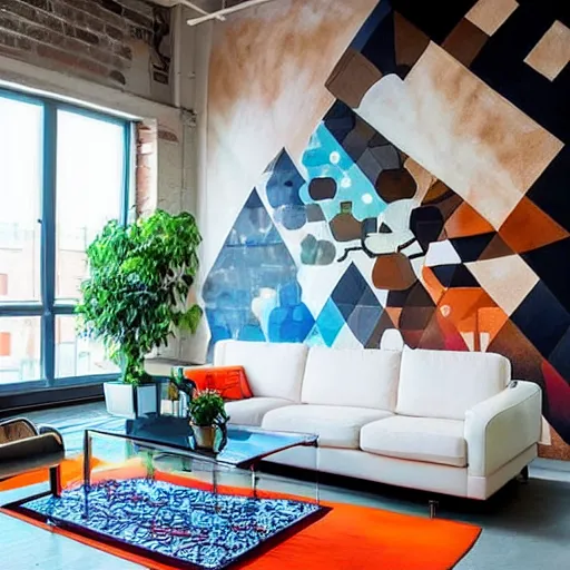 Prompt: trendy loft with modern murals on the wall, trendy modern art and patterns, interior design, stunning architecture