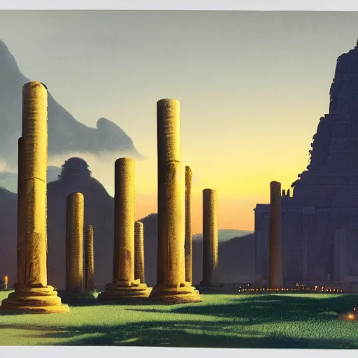 Image similar to a syd mead and ralph maquarrie style matte painting of an ancient indian temple ruins with candles lit inside, on top of a tropical hill, night