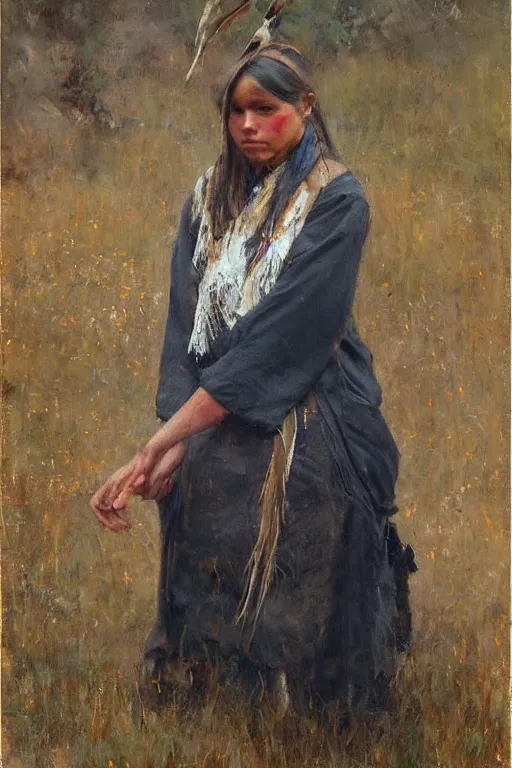 Image similar to Richard Schmid and Jeremy Lipking and Antonio Rotta full length portrait painting of a young beautiful traditonal american indian girl