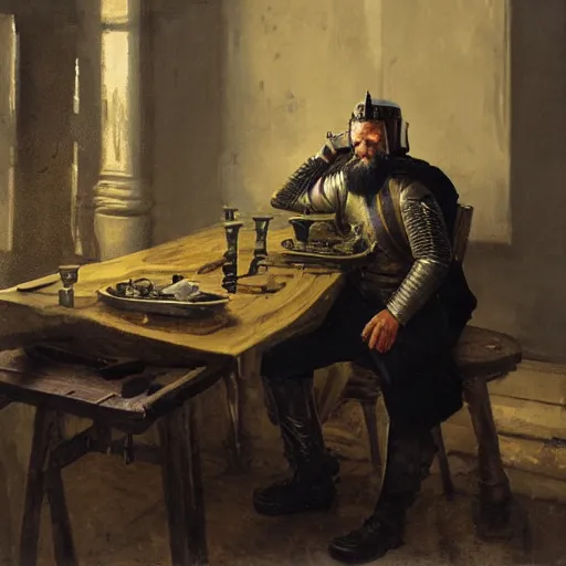 Image similar to Medium shot frustrated and acerbic male bearded Imperial soldier wearing a {black and yellow tabard} over a steel breastplate and a black gambeson leaning over a table, by Raymond Swanland Greg Rutkowski Lise Deharm, {perfect face}, {perfect eyes}, {perfect body}, {hands planted on table},
