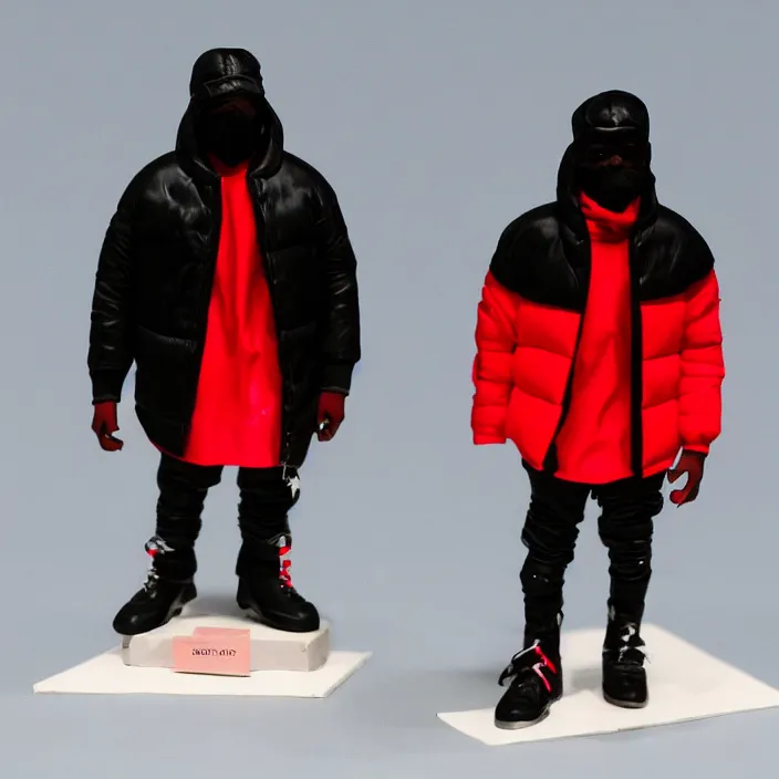 Prompt: kanye west, a goodsmile figure of kanye west using a full face covering black mask, a small, tight, undersized reflective bright red round puffer jacket made of nylon, dark jeans pants and big black balenciaga rubber boots, figurine, detailed product photo