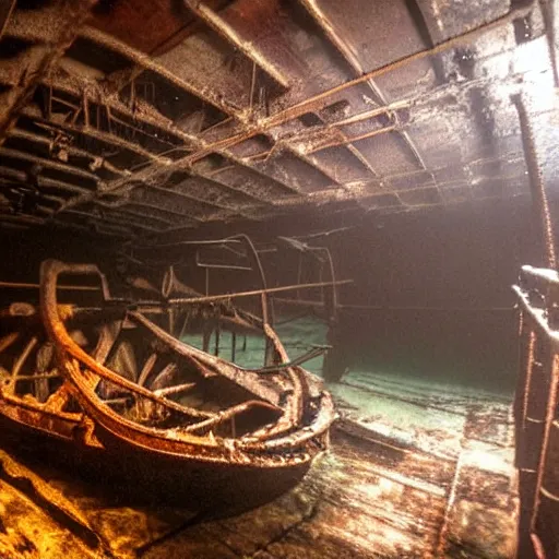 Image similar to the interior of a partially flooded rusty shipwreck, dark, scary lighting, scary, creepy, eerie, horror, submechanophobia, submerged machinery, photo,