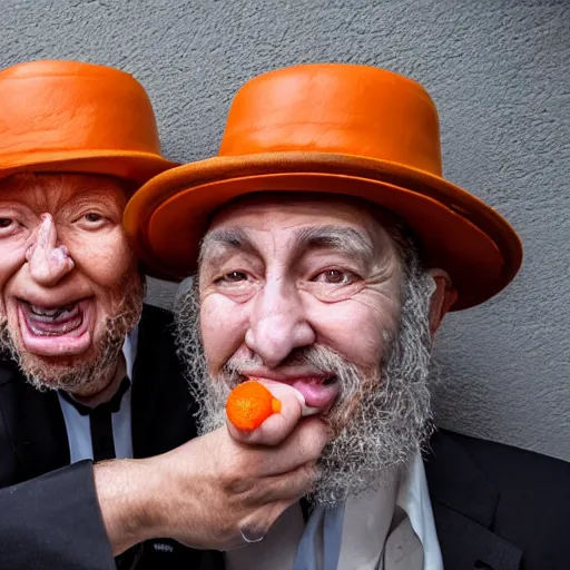 Image similar to UHD candid photo of two Rabbis with orange skin, accurate faces, UHD, photorealistic, correct faces, photo by Annie Leibowitz