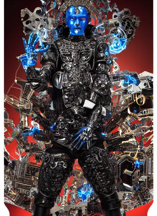 Prompt: baroque and cyberpunk style full-body sculpture of a young angry Latino prince half android with a chest exposing a glowing sapphire battery, porcelain arms posed like a bored model, red laser eyes, crown of silver gears and giant diamonds, swirling red-colored silk fabric, robot dinosaurs. geometric elements. reflective surfaces. intricate artwork by caravaggio. art by Artgerm and Alphonse Mucha, Trending on artstation, industrial lighting, photorealistic, octane render, 8k, depth of field, 3D