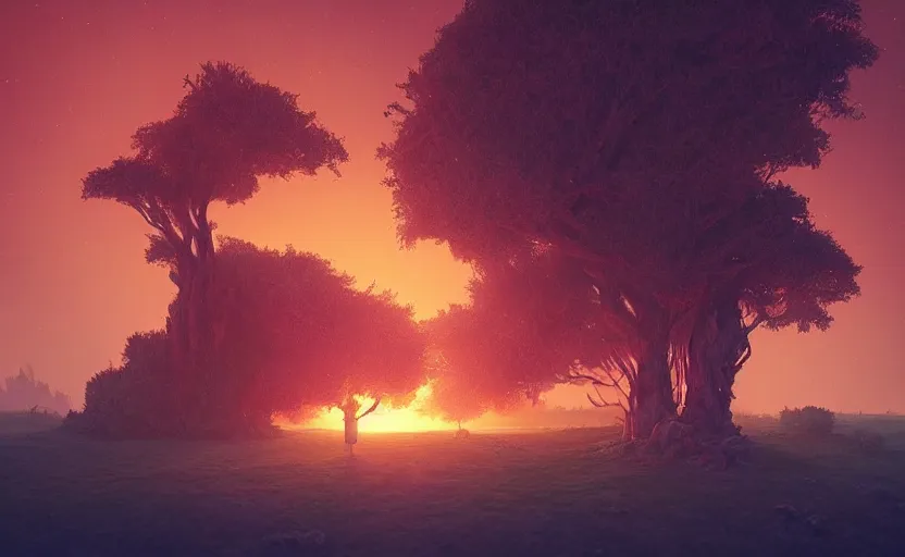 Image similar to “A giant burning bush, Low level, rendered by Beeple, Makoto Shinkai, syd meade, simon stålenhag, environment concept, synthwave style, digital art, unreal engine, WLOP, trending on ArtStation, 4K UHD, image, octane render”