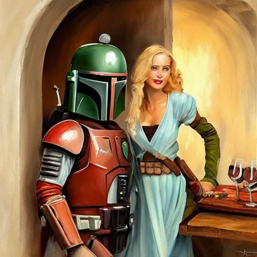 Image similar to Boba Fett and a beautiful young blonde drinking beer in a wine cellar, food, meat, schnapps, torches on the wall, romantic, inviting, cozy, painting by Vladimir Volegov