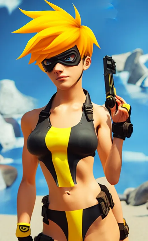Image similar to tracer game character, in yellow bikini, blonde hair, black eyes, full height