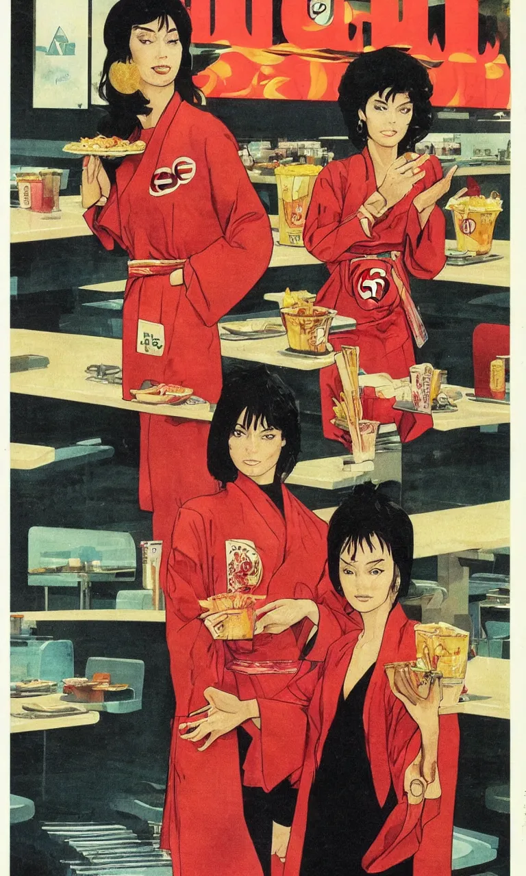 Image similar to 1979 OMNI Magazine Cover depicting a portrait of a Beautiful woman wearing a Gucci kimono in a fast food restaurant, Akira style by Vincent Di Fate