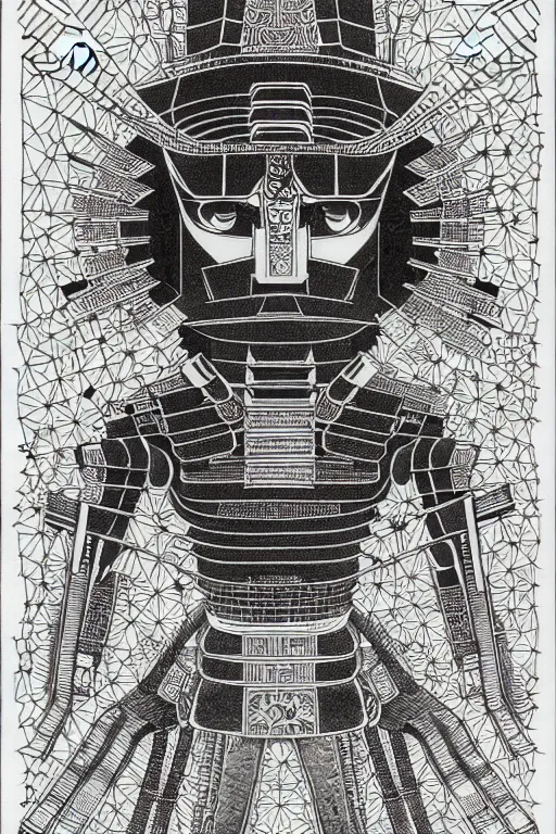 Image similar to a black and white drawing of an ancient future japanese temple samurai, a detailed mixed media collage by hiroki tsukuda and eduardo paolozzi and moebius, intricate linework, sketchbook psychedelic doodle comic drawing, geometric, street art, polycount, deconstructivism, matte drawing, academic art, constructivism