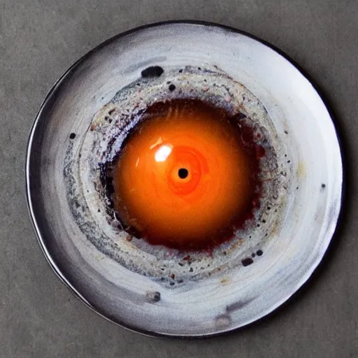 Prompt: an eyeball sitting on a plate and slowly melting into a puddle of good
