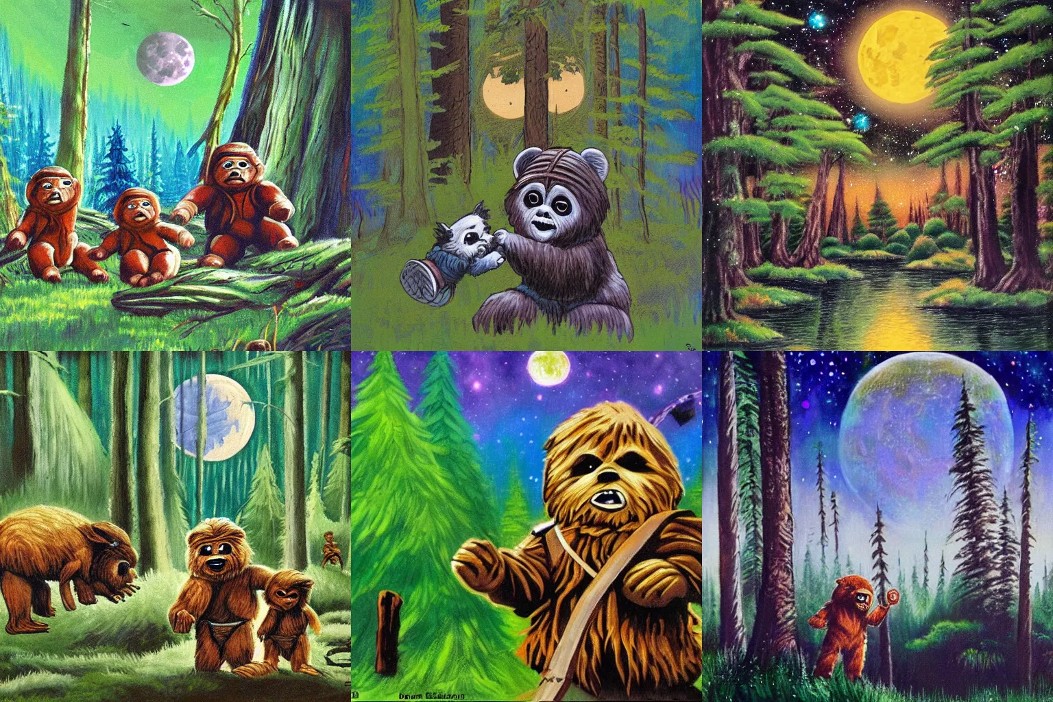 Prompt: forest moon of endor, happy ewoks, by Bob Ross