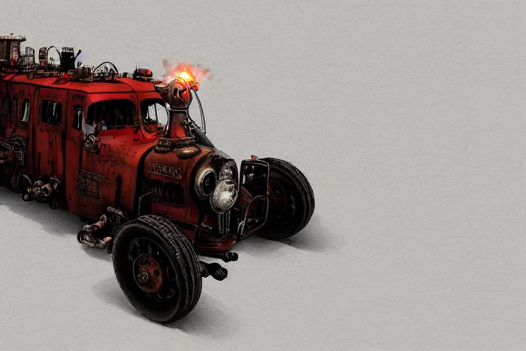 Prompt: hellfire engine strokeed by the echo, mad max, wasteland, in the style of hannes bok and doug chiang and vernon grant, trending on artstation, back lighting rear view steampunk, blueprint, muted colors, gothic, tachisme