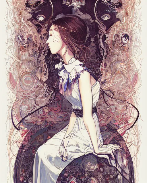 Image similar to a girl in a white dress depressed as she'll ever be, art poster, ambient lighting, detailed, by ayami kojima, makoto shinkai, kilian eng