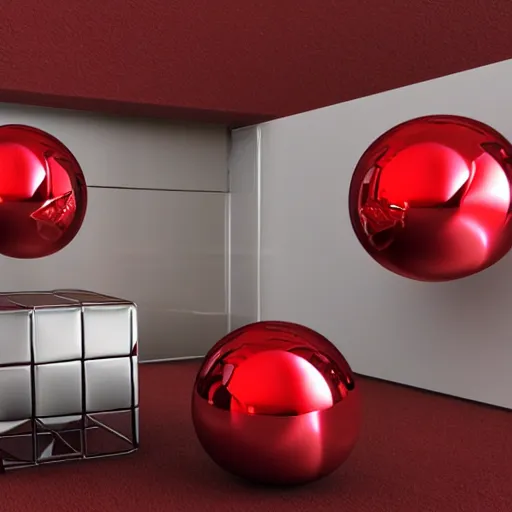 Prompt: chrome spheres on a red cube by giacomo ceruti