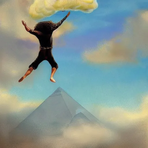 Prompt: egyptian man with long curly hair skydiving, dreamy clouds, pastel tones, by jose miguel roman frances