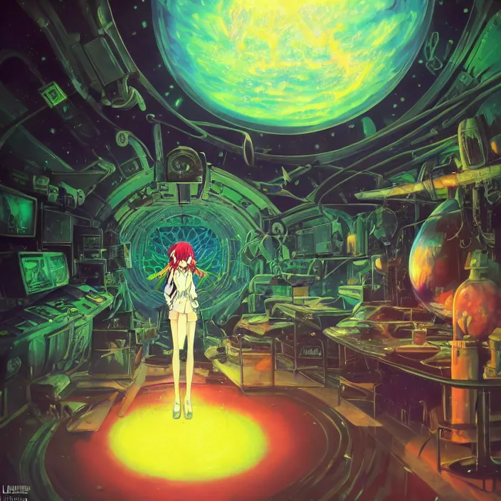 Image similar to Albedo from overlord, mamimi samejima, psychedelic background, epcot, inside a space station, eye of providence, female anime character, Lain, uwu, uwu, Luminism, Tomas Sanchez, Karla Knight, surrealism, Simon Stålenhag, M. C. Escher, Ruan Jia, uwu Hi-Fructose, Artstation, HD, HDR, High Resolution, technological rings, giygas