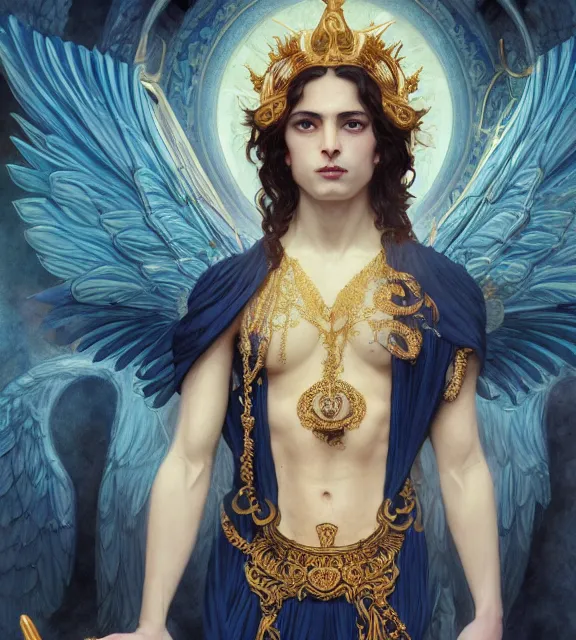 Image similar to male, god of death, in the underworld, elegant dark blue dress, very detailed, throne, very intricate details, jewelry, gold line tattoos, elaborate long hairstyle, wings, cinematic, artstation, william bouguereau, alphonse mucha, greg rutkowski, rossdraws, octane render