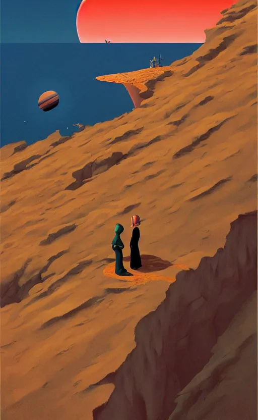 Prompt: a cliff at the end of the world, visible planets, space age, very coherent, painted by Edward Hopper, Wayne Barlowe, painted by James Gilleard, airbrush, art by JamesJean