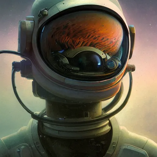 Image similar to a concept art portrait of an astronaut on a depth of field background, artstation, award - winning realistic sci - fi concept art by jim burns and greg rutkowski, beksinski, a realism masterpiece, muted color palette, james gilleard, bruegel, alphonse mucha, and yoshitaka amano