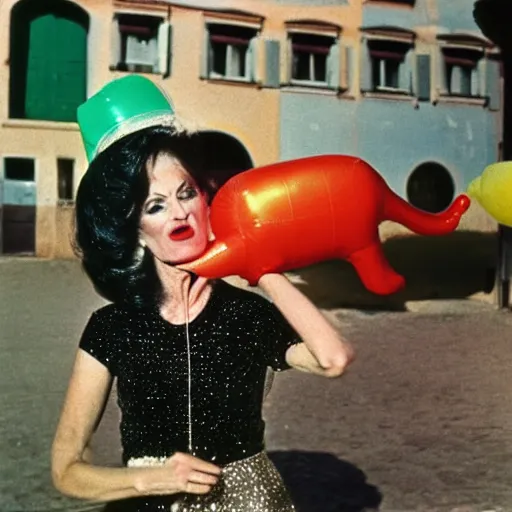 Prompt: 1976 glamorous middle aged woman wearing a transluscent inflatable toy head in a small European village 1976 French film archival footage technicolor film expired film 16mm Fellini Doris Wishman new wave John Waters movie still