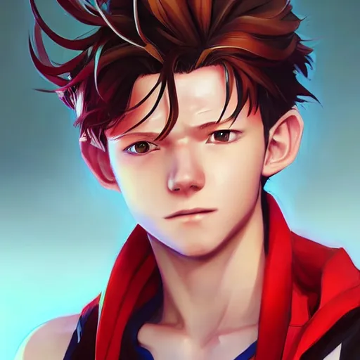 Image similar to anime portrait of Tom Holland as an anime boy by Stanley Artgerm Lau, WLOP, Rossdraws, James Jean, Andrei Riabovitchev, Marc Simonetti, and Sakimichan, trending on artstation