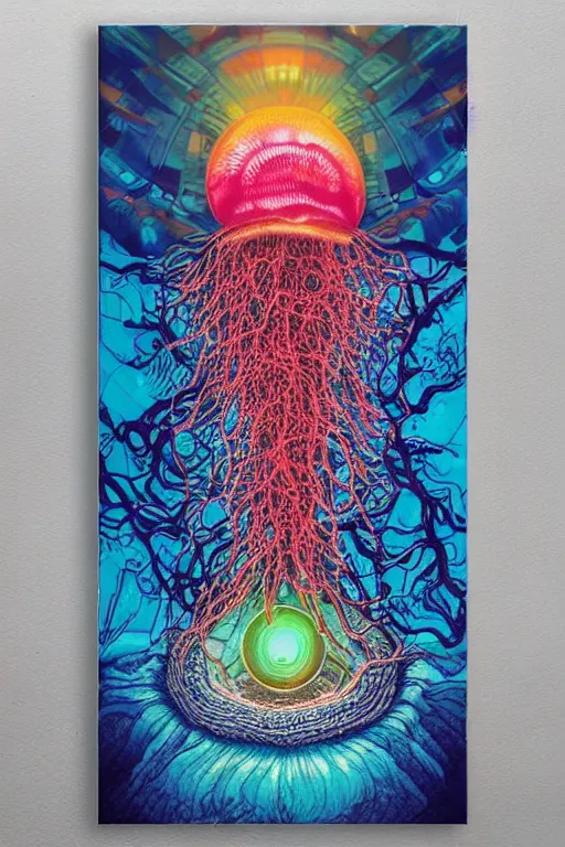 Prompt: 3 d, huge minds eye, exploding mushroom cloud, jellyfish nervous system suspended in rainbow liquid paint neural network, dan mumford, moebius, symmetrical, pink and blue smoke, sun rays, sweat skin, liquid red metal, poster art, high detail, intricate oil painting, multiple exposure, deep blue mood, hyperrealism, beeple