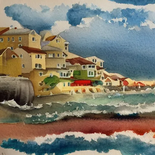 Image similar to a watercolor painting of a landscape panorama of a cozy seaside village with a menacing storm cloud on the ocean horizon, highly detailed, masterpiece, vivid colors, by anthony micallef by camille rose garcia,