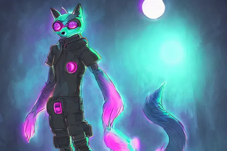 Image similar to a cyberpunk anthropomorphic fox with a fluffy tail, comic art, trending on furaffinity, cartoon, kawaii, backlighting, furry art!!!, neon, concept art