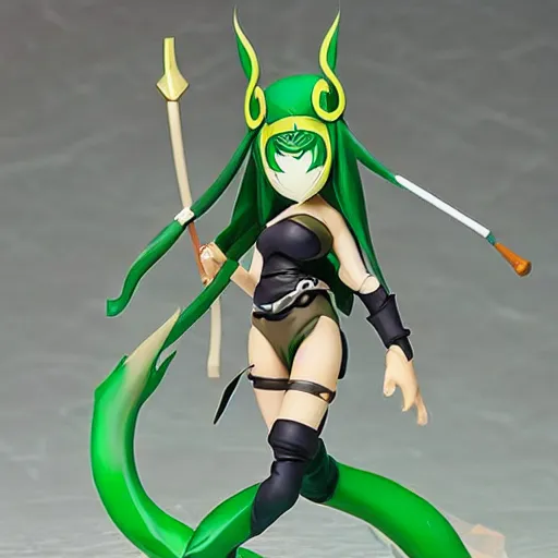 Image similar to league of legends akali as a Figma doll. Posable anime figurine. Kamas-wielding, green facemask, green outfit. Ninja sickle. PVC figure 12in.