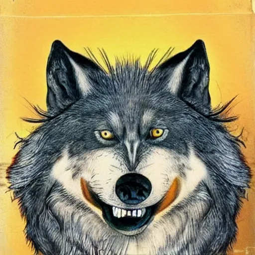 Image similar to portrait of retarded wolf, eyes in different directions, vivid colors, very poor, propaganda style, it looks sick, very ugly face, tongue out