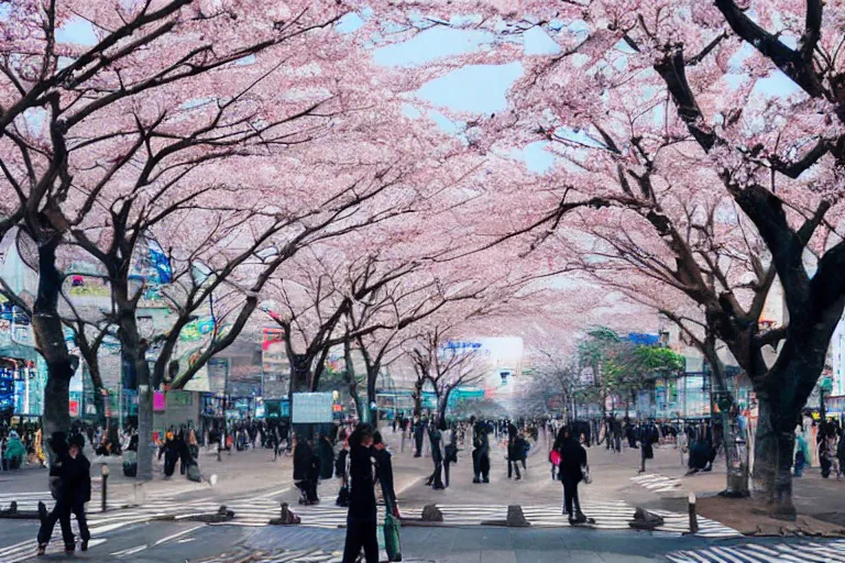 Prompt: beautiful Shibuya crosswalk by Vincent Di Fate, rule of thirds, highly detailed, sakura trees, beautiful, sharp focus