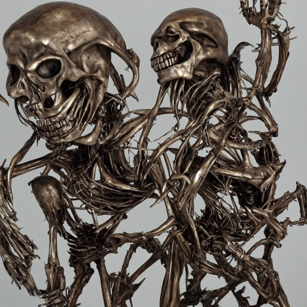 Image similar to a realistic metal sculpture of an alien skelleton, super detailed