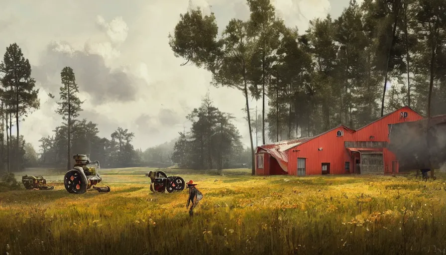 Prompt: a beautiful swedish farm with giant robots, art by jakub rozalski and simon stalenhag, realistic, hyperrealism 8 k resolution