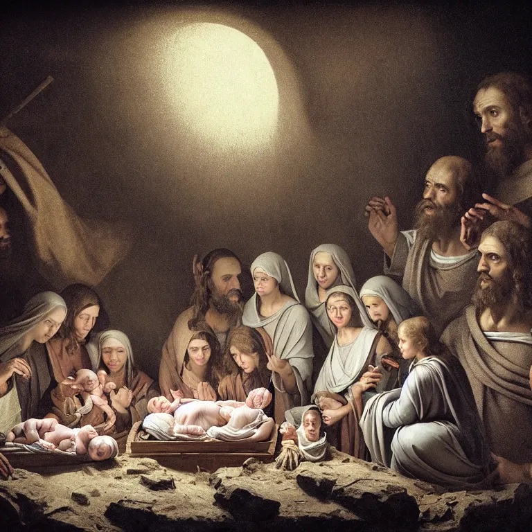 Image similar to ribbed abandoned closeup Nativity of Jesus creche crib birth of Jesus scene on exoplanet, baroque painting, standing in a desolate empty wasteland, creepy, nightmare, dream-like heavy atmosphere, surreal abandoned buildings, beautiful detailed intricate insanely detailed octane render trending on Artstation, 8K artistic photography, photorealistic, chiaroscuro, Raphael, Caravaggio, Beksinski, Giger