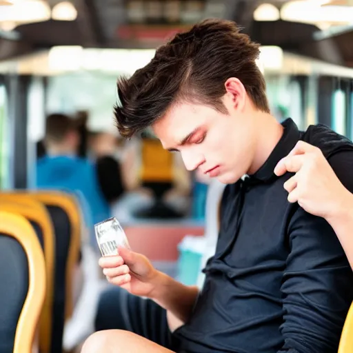 Image similar to a tired young university student in a black shirt with slick hair and round face is riding in a crowded bus. student is holding a bottle of dark beer and is looking at his smartphone. professional photo, 4 k, bokeh, 5 0 mm