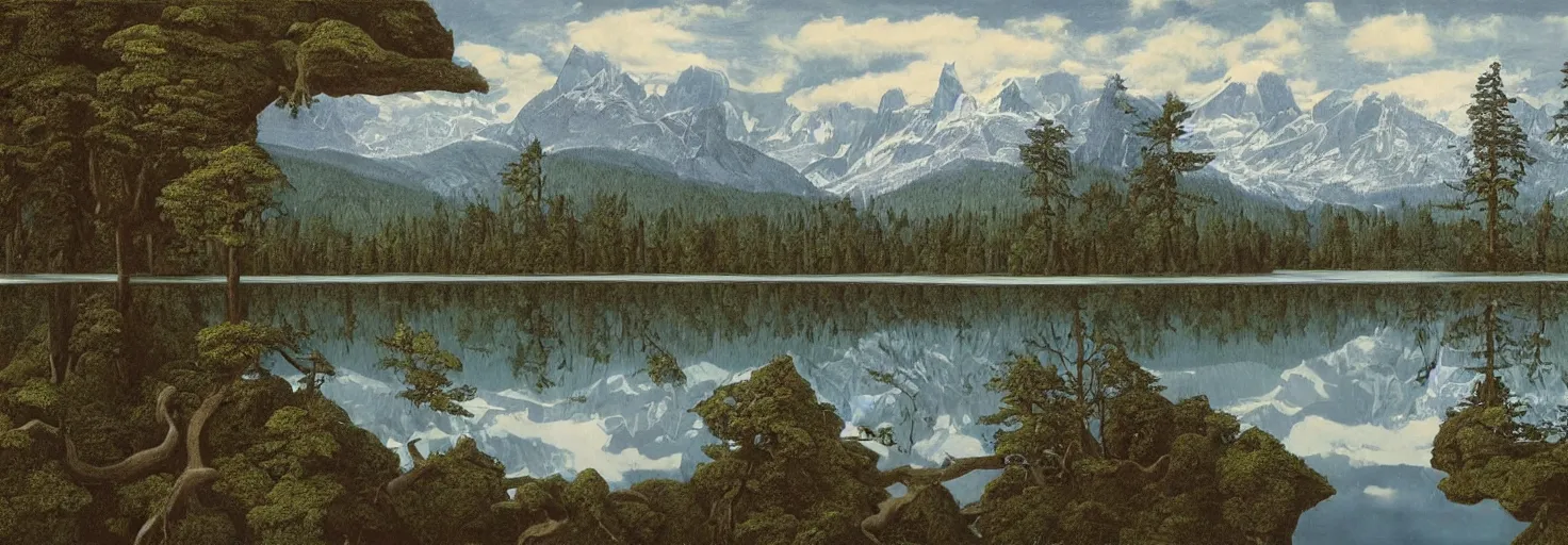 Prompt: escher painting of a lake, big trees reflecting on lake surface, mountains at background, snowy, ultra sharp, ultra detailed, horror emotion, colorized by salvador